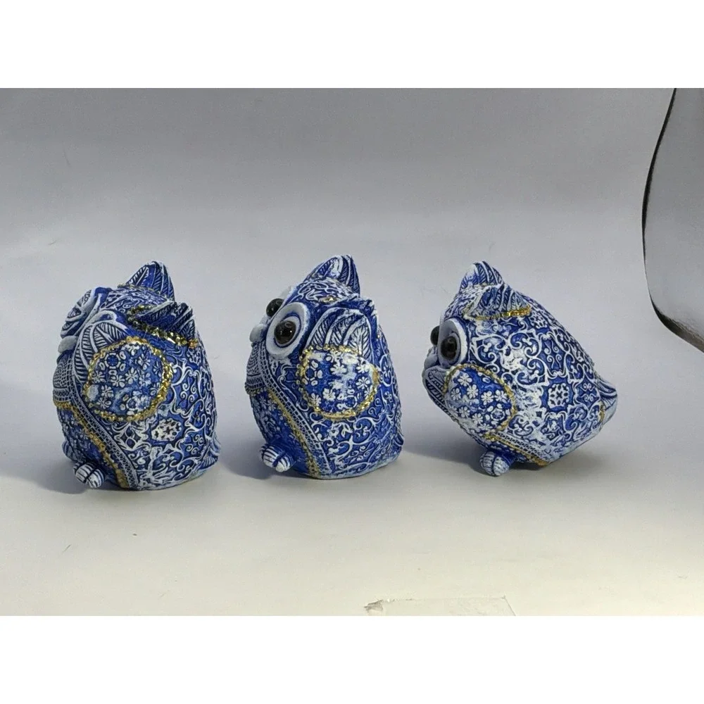 See No Evil Hear No Evil Speak No Evil Blue/white Resin Owls Gold Accents